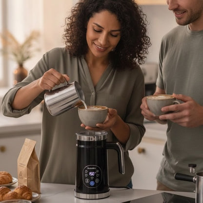 Mousseur électrique SikFoam femme verse lait chaud dans café