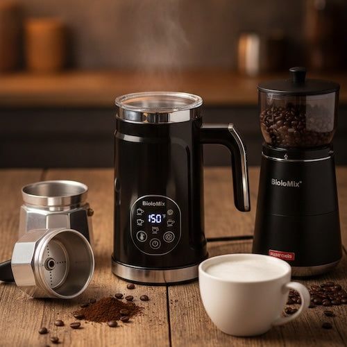 Mousseur électrique SikFoam sur table avec cafetière moka, café et moulin à café