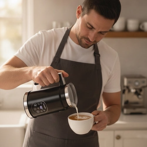 Mousseur électrique SikFoam momme verse lait chaud dans son café