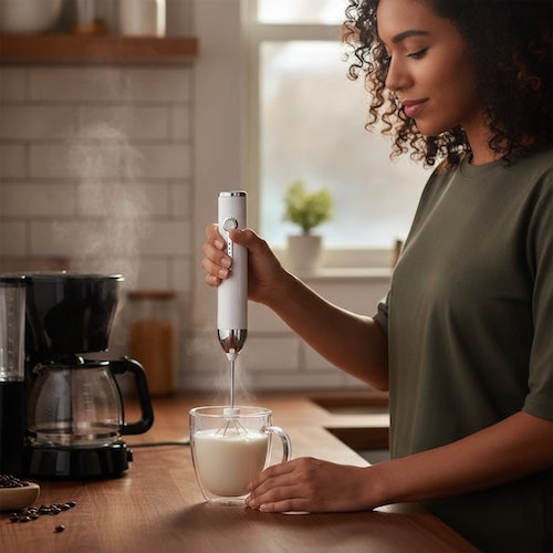Mousseur lait electrique Belle Mousse femme mousse le lait près d'une cafetière