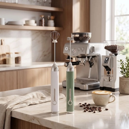 Mousseur lait electrique Belle Mousse sur comptoir avec cafetiere