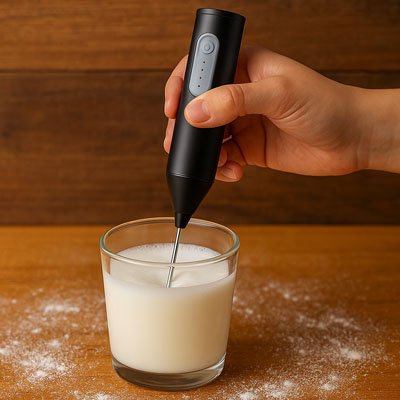 Mousseur pour lait Velouteo dans un verre de lait
