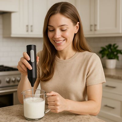 Mousseur pour lait Velouteo femme tient mousseur dans pot de lait