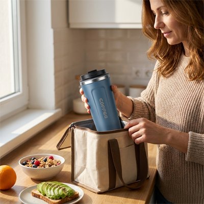 Mug isotherme ThermoConfort femme dépose mug dans son sac beige
