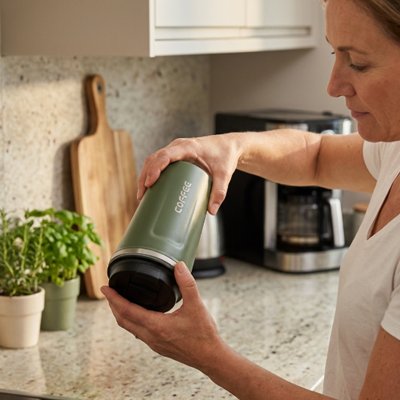 Mug isotherme ThermoConfort  femme tient son mug au dessus du comptoir