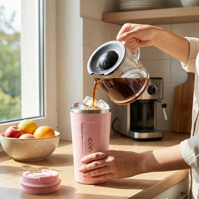 Mug isotherme ThermoConfort femme verse café sur glaçons