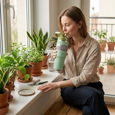 Mug isotherme ThermoPratique femme boit assise près d'une fenêtre
