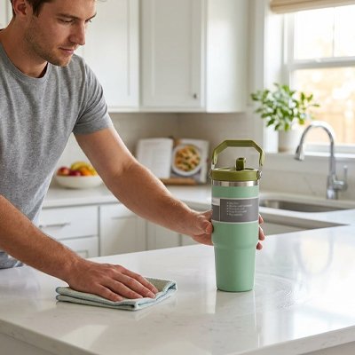 Mug isotherme ThermoPratique homme tient son mug sur un comptoir