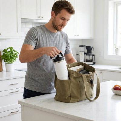 Mug isotherme ThermoPratique homme place son mug dans un sac