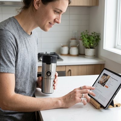 Mug isotherme Thermo Étanche femme regarde tablette en tenant le mug