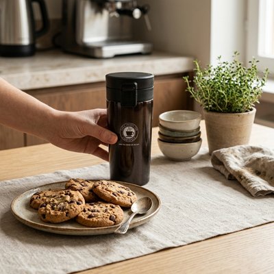 Mug isotherme Thermo Étanche sur table avec cookies