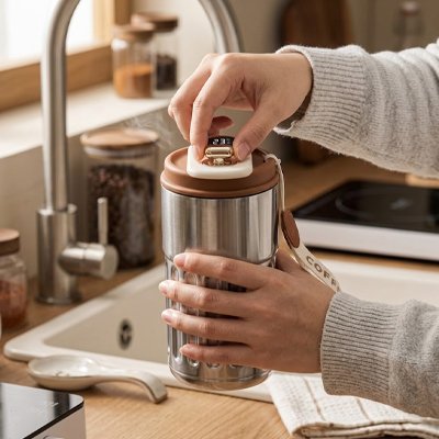 Mug isotherme Thermo Plus femme ferme le couvercle
