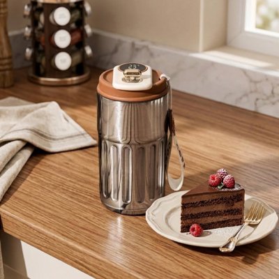 Mug isotherme Thermo Plus sur table avec gâteau
