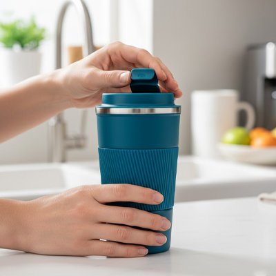Mug isotherme ThermoPro main ouvre le couvercle