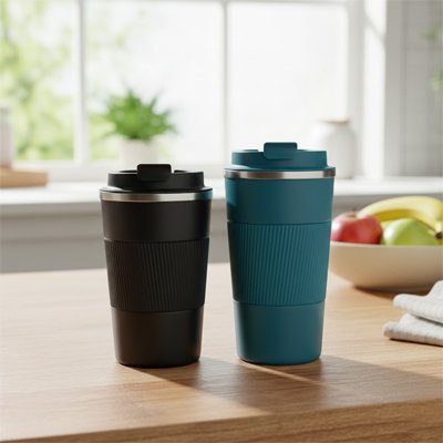 Mug isotherme ThermoPro petit et grand sur table