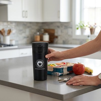 Mug isotherme Thermogarde sur un comptoir