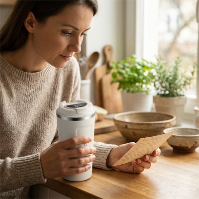 Mug isotherme ThermoMug avec femme dans cuisine