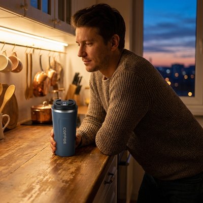 Mug isotherme ThermoMug avec homme dans cuisine