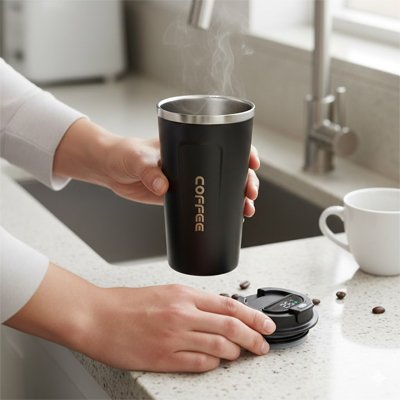 Mug isotherme ThermoMug ouvert avec liquide chaud