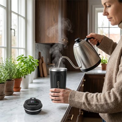Mug isotherme ThermoMug reçoit eau chaude d'une théière