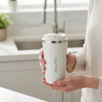 Mug isotherme ThermoMug tenue par femme