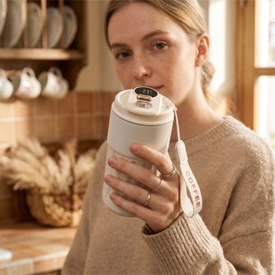 Mug isotherme Thermoperfect femme regarde son mug blanc