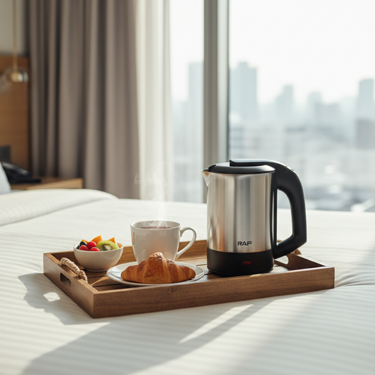 Petite bouilloire Voyage Compact avec plateau sur un lit