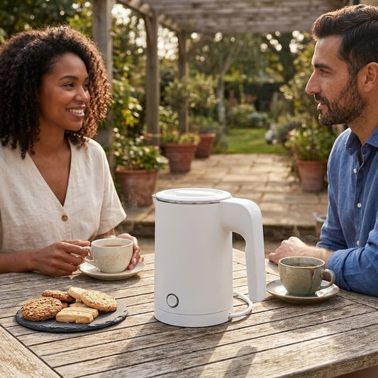 Petite bouilloire élecrique Compact Pro blanche sur une table de la terrasse avec couple
