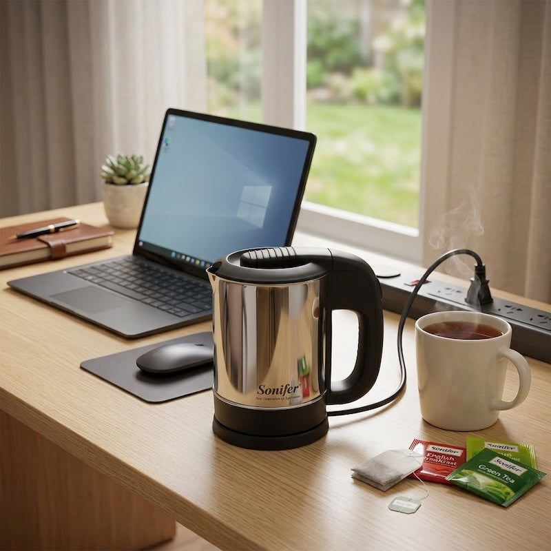 Petite bouilloire Voyage Compact sur un bureau avec ordinateur
