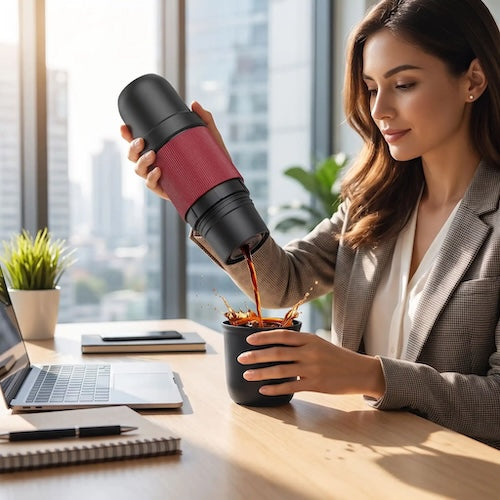 Porteble espreesso maker Treck femme se verse un café au bureau