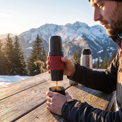 Porteble espreesso maker Treck homme se verse un café à la montagne