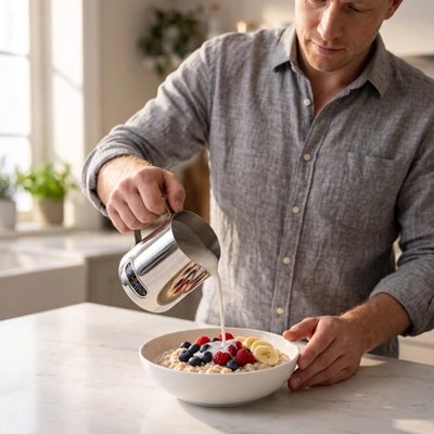 Pot à lait Inox Barista lait versé dans des céréales