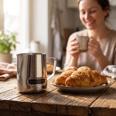 Pot à lait Inox Barista sur une table avec des croissants
