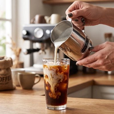 Pot à lait Inox Bariata lait versé dans un verre de café froid