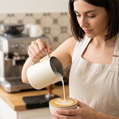 Pot a lait inox Velour femme verse le lait chaud dans un café