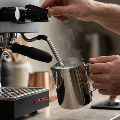 Pot a lait inox Velour homme mousse le lait sur une machine à café