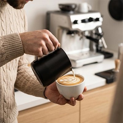 Pot a lait inox Velour homme verse le lait chaud dans un café