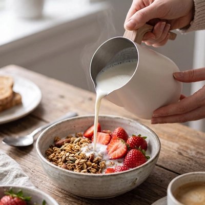 Pot à lait Nuvola lait chaud versé dans des céréales