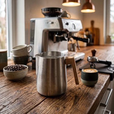 Pot à lait Nuvola sur comptoir avec machine à expresso