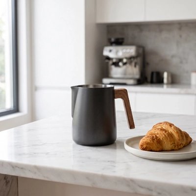 Pot à lait Nuvola sur table avec croissants