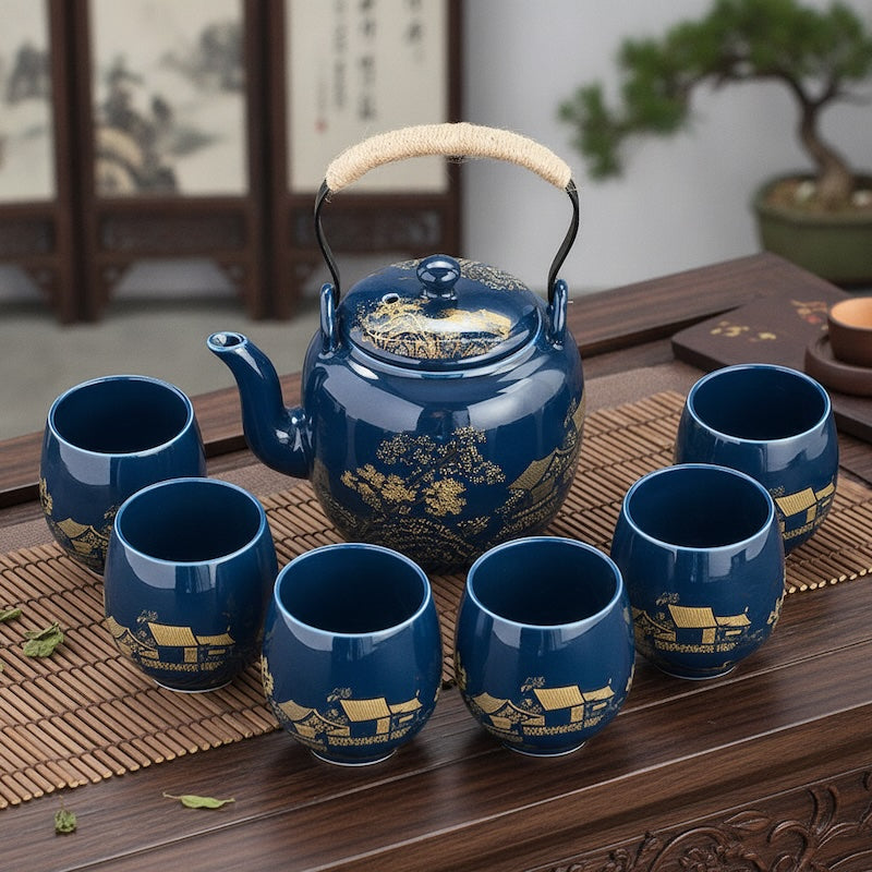 Service à thé chinois Shanghai bleu sur une table avec tasses