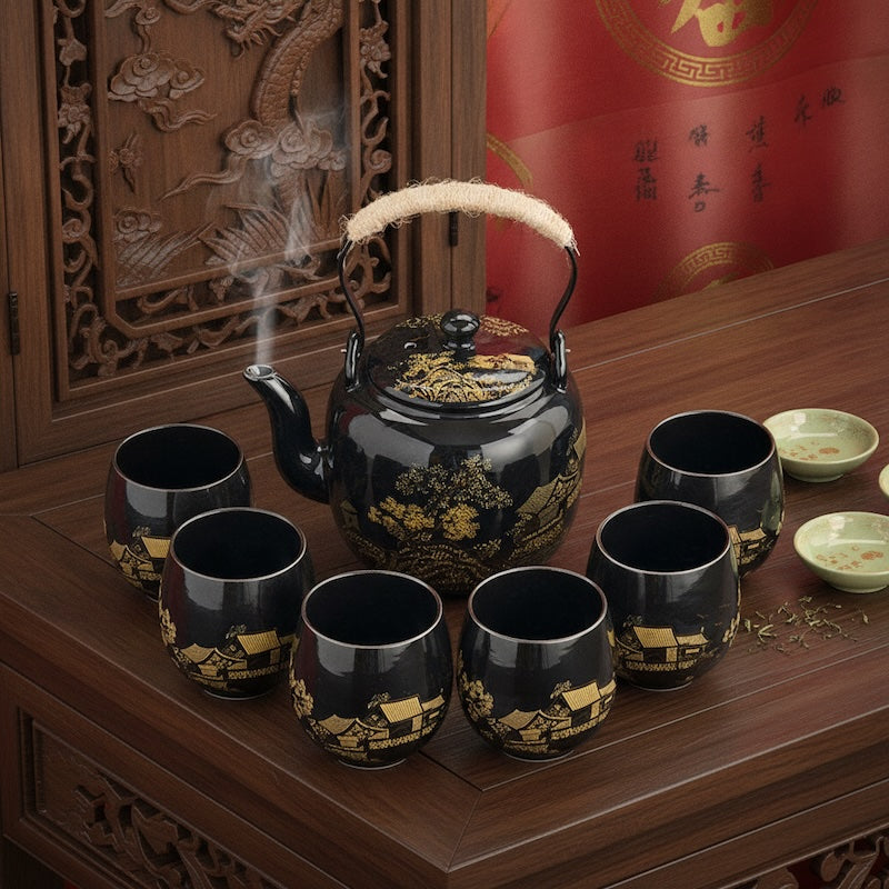 Service à thé chinois Shanghai noir sur une table avec tasses