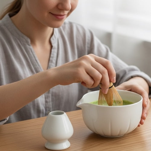 Set a matcha Ceremonial blanc femme fouette le matcha