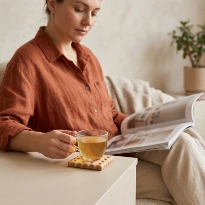 Sous verre​ Biscuit femme avec un livre tiend sa tasse de thé 