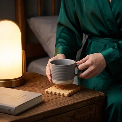 Sous verre​ Biscuit femme s'apprête à déposer sa tasse de thé