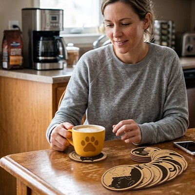 Sous verre Chat Yin-Yang femme tient tasse de café