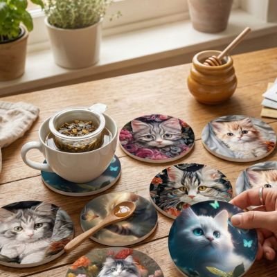 Sous verre chats mignons avec tasse de thé