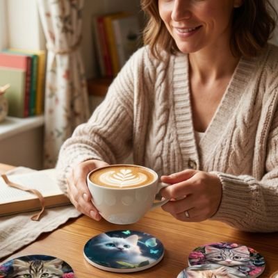 Sous verre chats mignons femme dépose café sur sous verre