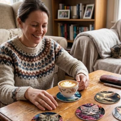 Sous verre chats mignons femme souriante regarde café