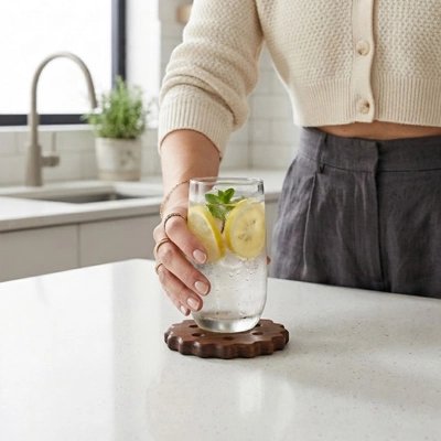 Sous verre​ cookies femme dépose son verre d'eau citron